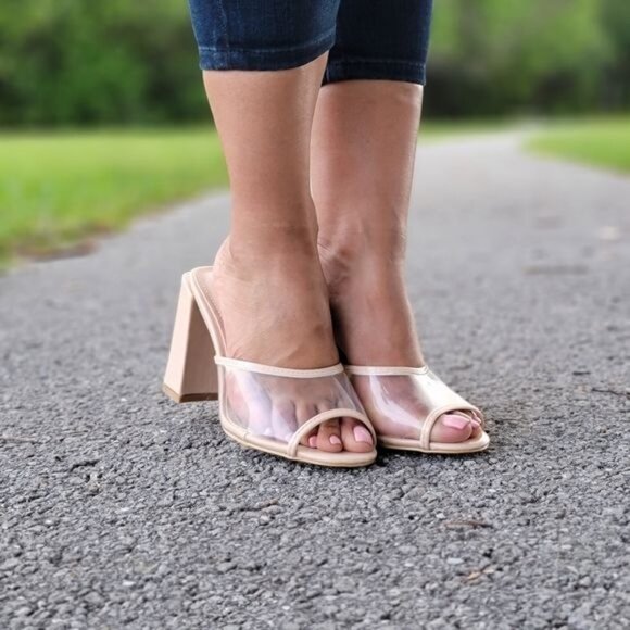 Clear Chunky Block Mid Heel Mule Sandals Nude Color - Picture 4 of 8
